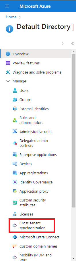 Screenshot that shows the Cross-tenant synchronization navigation in the Azure portal.