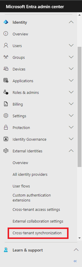 Screenshot that shows the Cross-tenant synchronization navigation in the Microsoft Entra admin center.