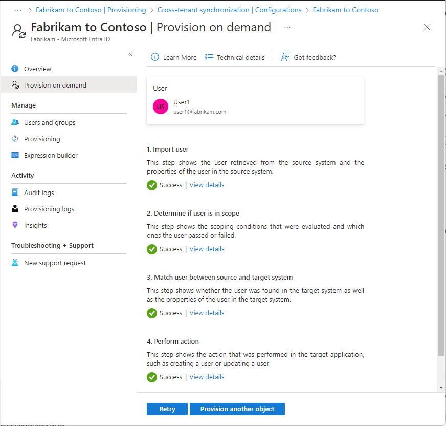 Screenshot of the Provision on demand page that shows details about the provision.