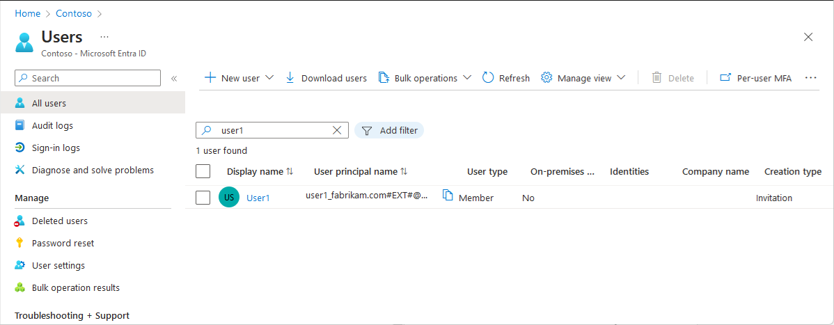 Screenshot of the Users page of the target tenant that shows the test user provisioned.
