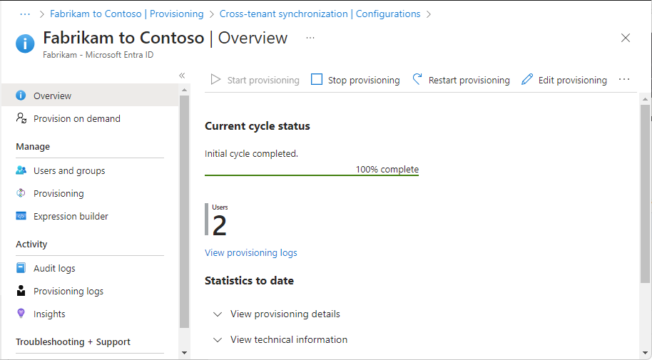 Screenshot of the Configurations Overview page that shows the status of the provisioning cycle.