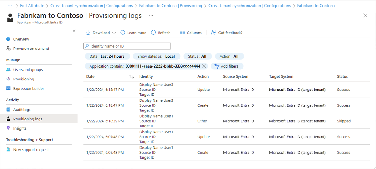 Screenshot of the Provisioning logs page that lists the log entries and their status.