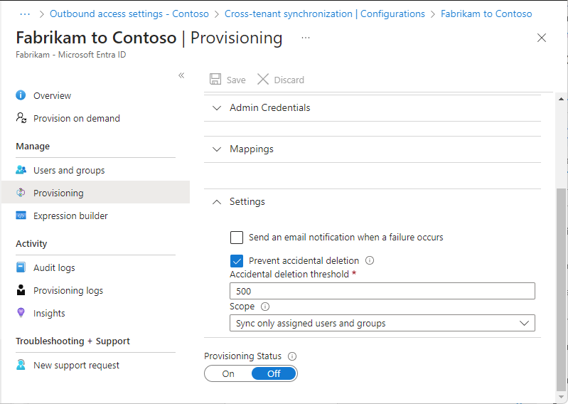 Screenshot of the Provisioning page that shows the Settings section with the Scope and Provisioning Status options.