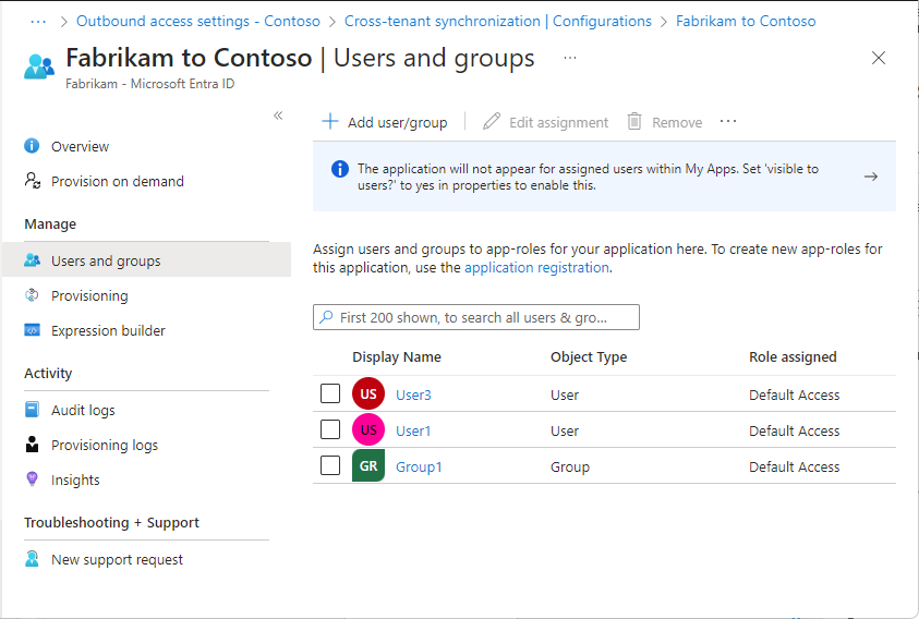 Screenshot that shows the Users and groups page with a user assigned to the configuration.