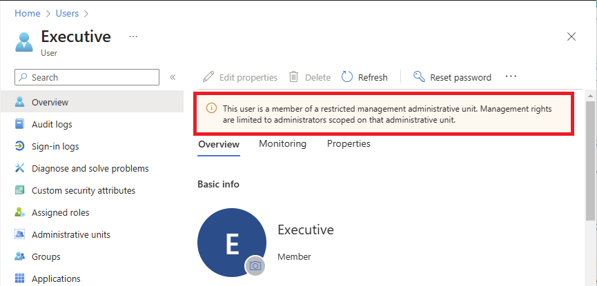 Screenshot of a message that indicates that user is a member of a restricted management administrative unit and management rights are limited.