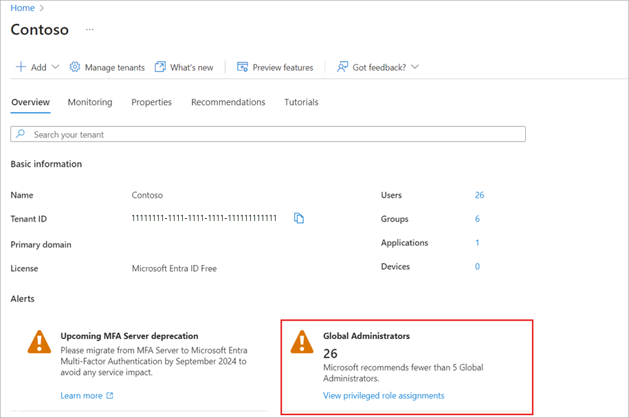 Screenshot of the Microsoft Entra Overview page that shows a card with the number of privileged role assignments.
