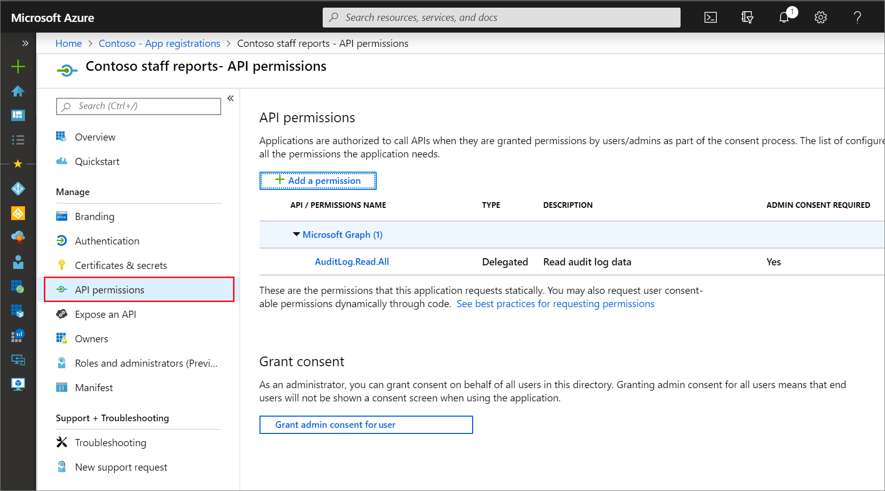 Screenshot of permissions to grant access to the app registration API permissions page.