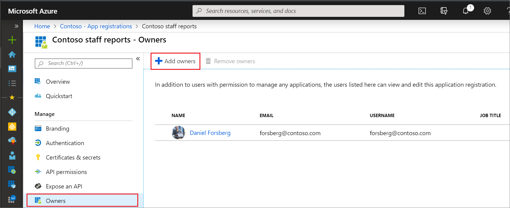 Screenshot of permissions to grant access to the app registration owners page.