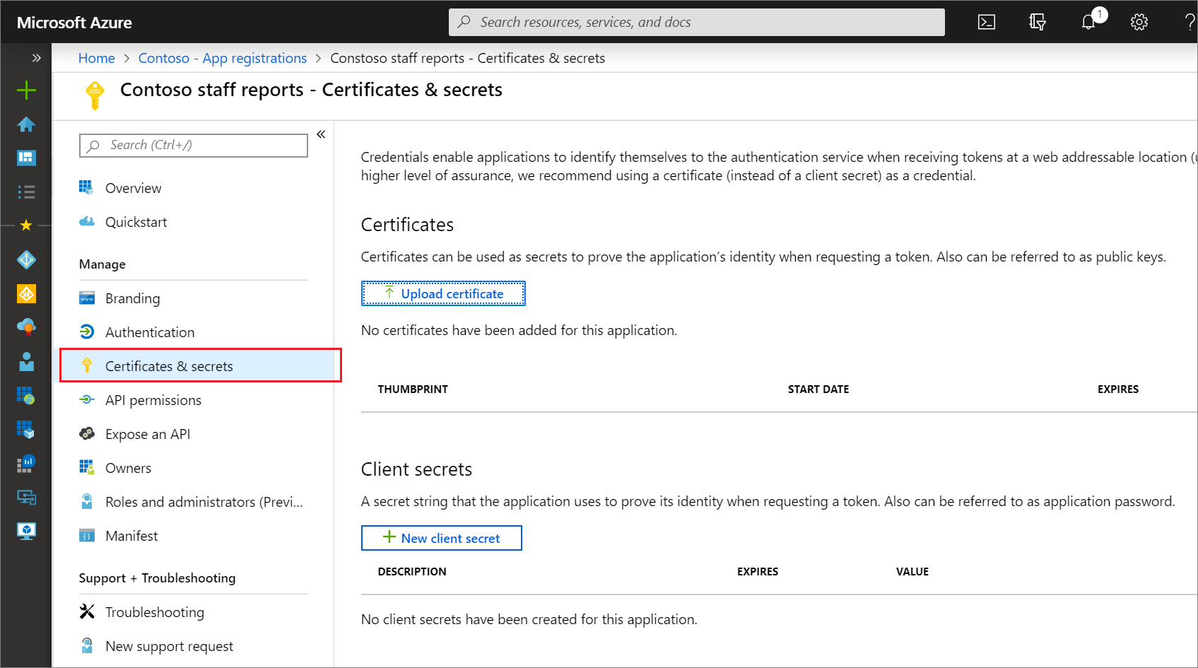 Screenshot of permission to grant access to the app registration certificates & secrets page.