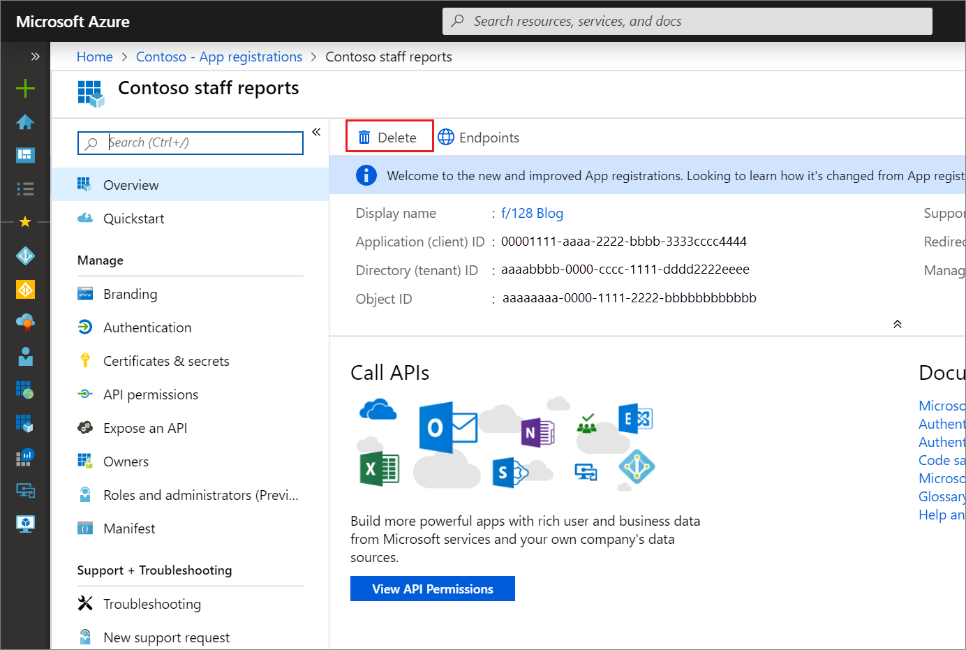 Screenshot of permissions to grant access to the Delete app registration command.