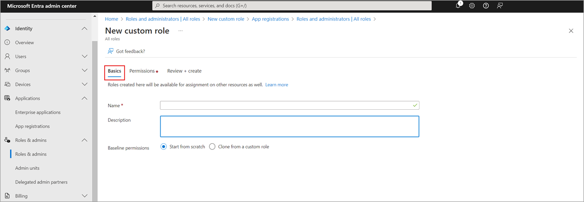 Screenshot of Basics tab to provide a name and description for a custom role.