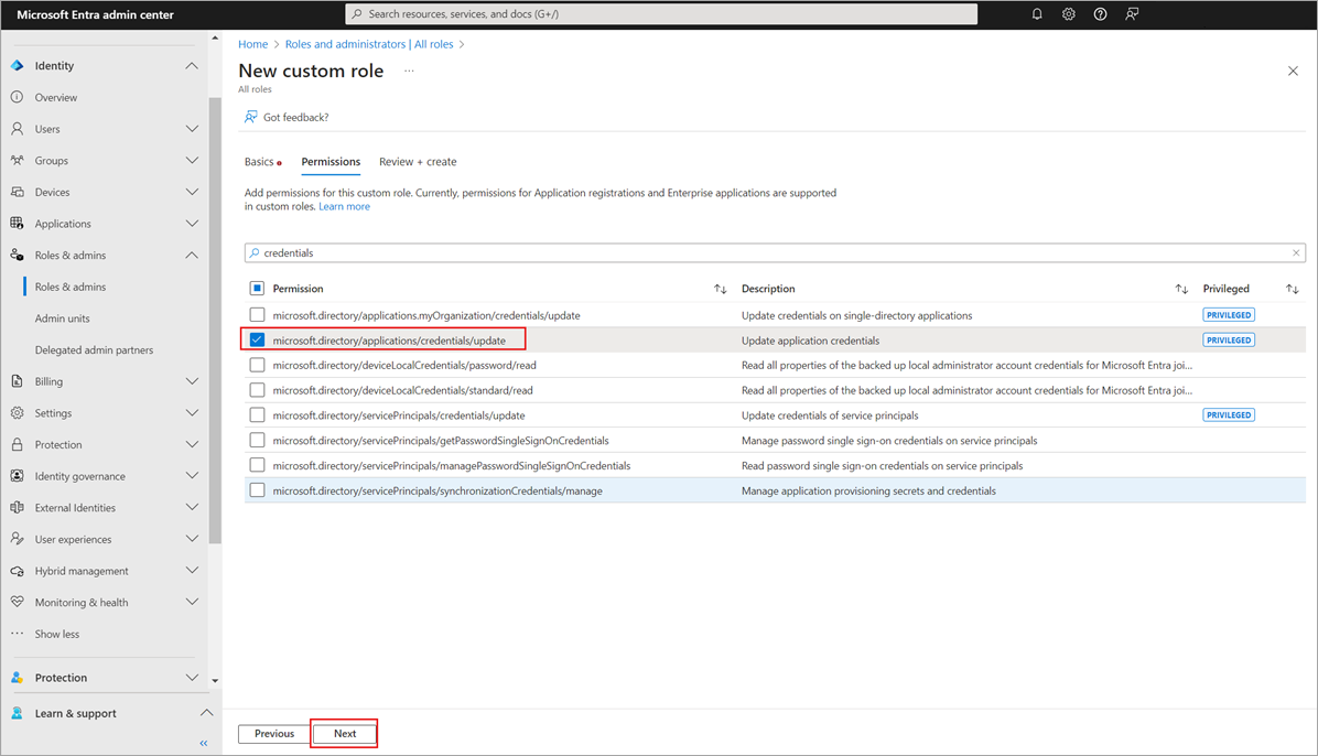 Screenshot of Permissions tab to select the permissions for a custom role.