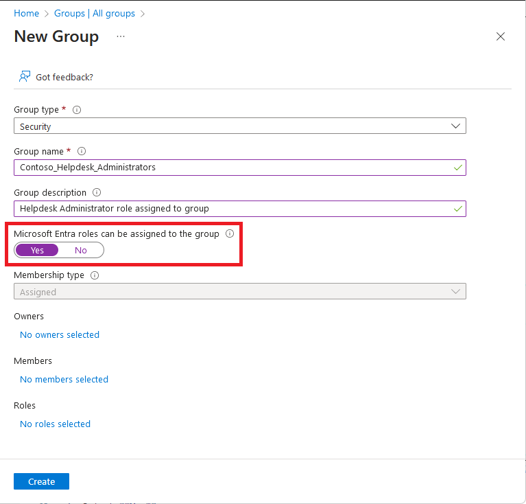 Screenshot of option to make group a role-assignable group.