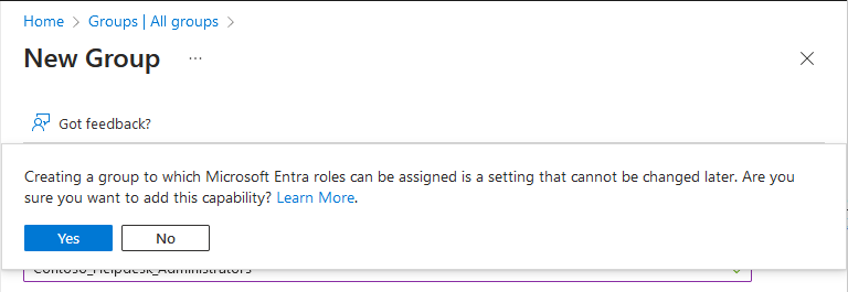 Screenshot of confirm message when creating a role-assignable group.