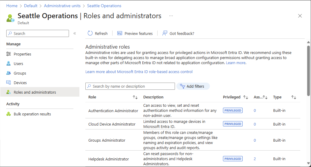 Screenshot of Roles and administrators menu under administrative units in Microsoft Entra ID.