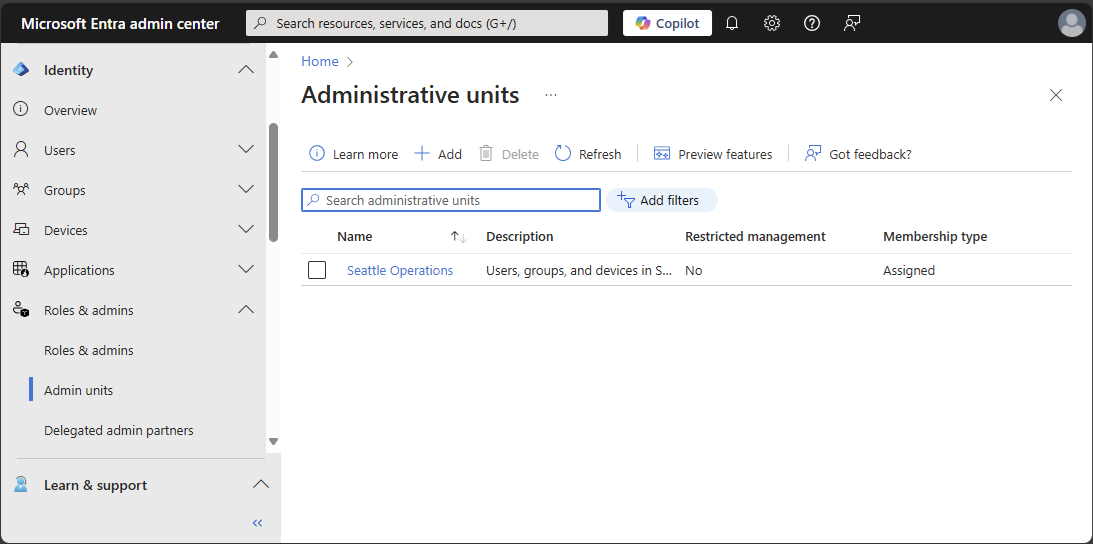 Screenshot of administrative units in Microsoft Entra ID.