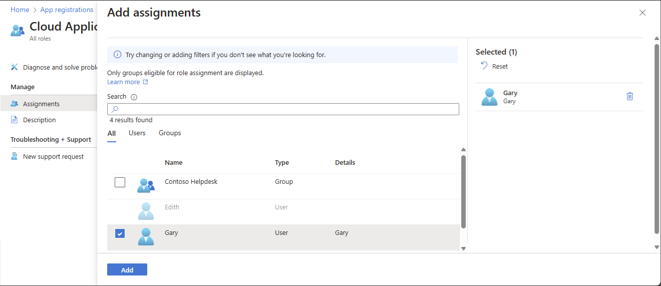 Screenshot of Add role assignment scoped to an app registration in Microsoft Entra ID.