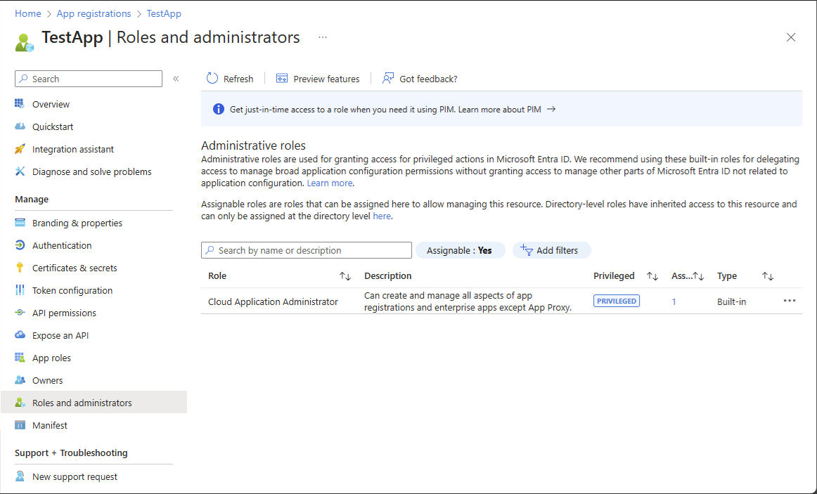 Screenshot of Roles for an app registration in Microsoft Entra ID.