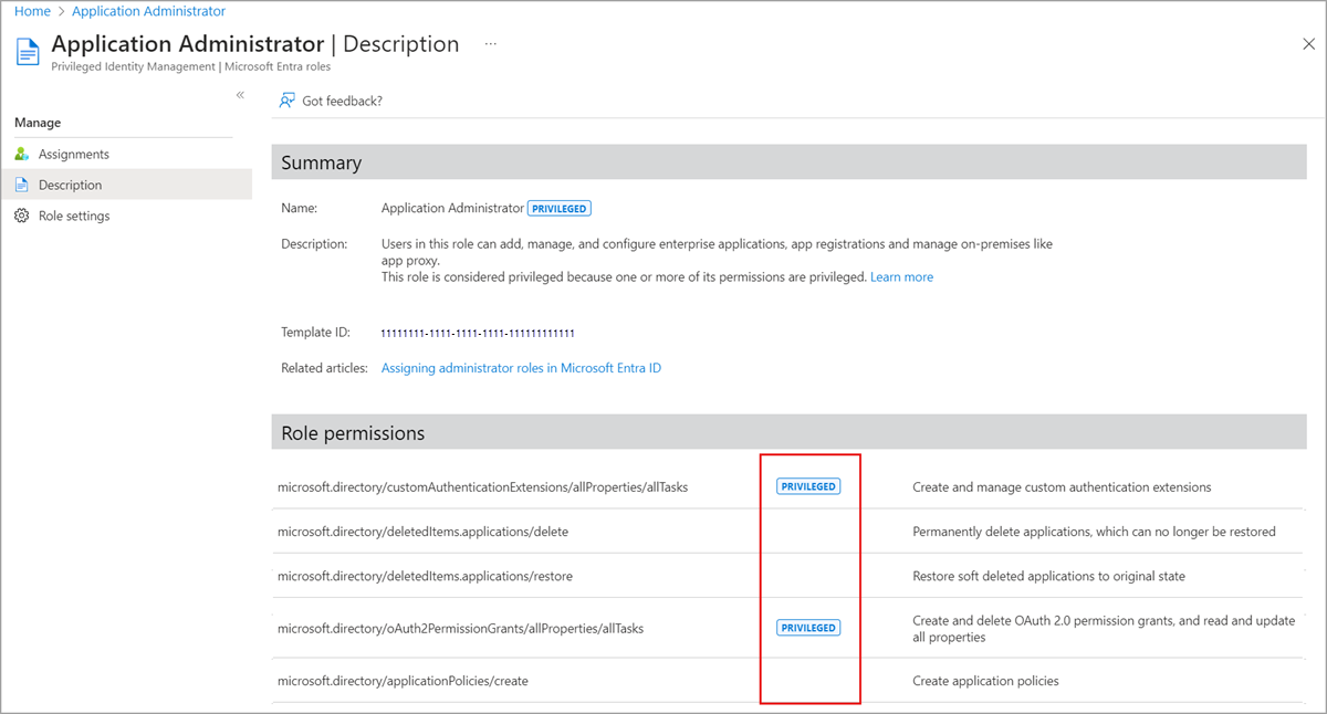 Screenshot of the Microsoft Entra roles and administrators page that shows the privileged permissions for a role.