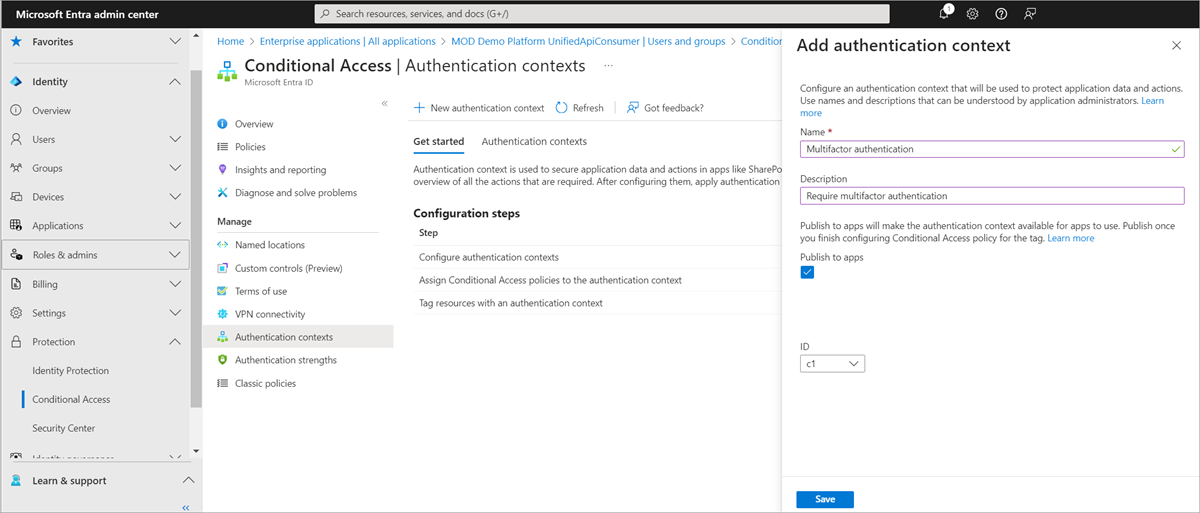 Screenshot of Add authentication context pane to add a new authentication context.