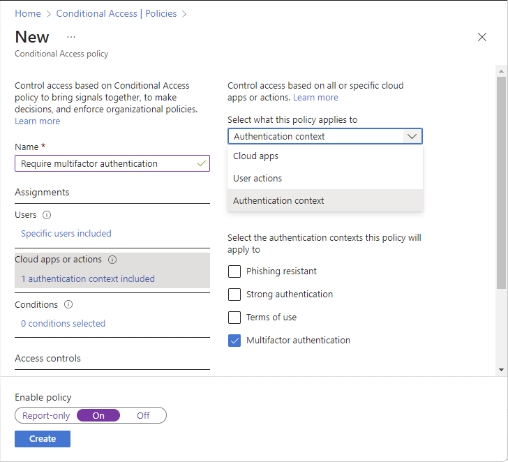 Screenshot of New policy page to create a new policy with an authentication context.