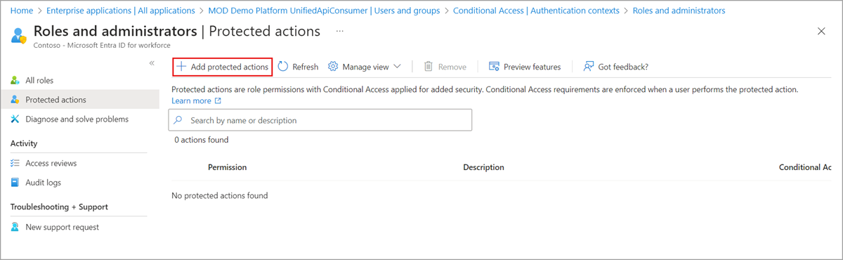 Screenshot of Add protected actions page in Roles and administrators.