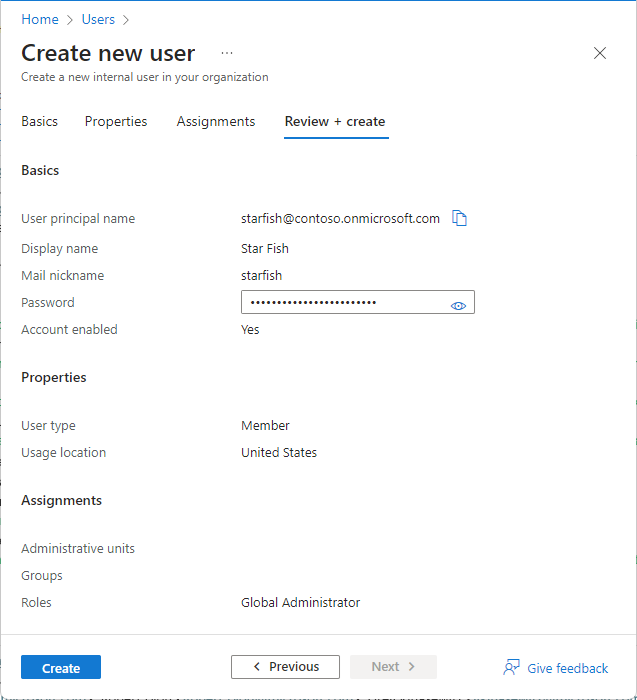 Screenshot of creating an emergency access account in Microsoft Entra ID.