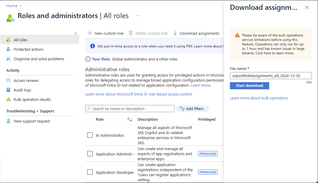 Screenshot of pane to download all role assignments.