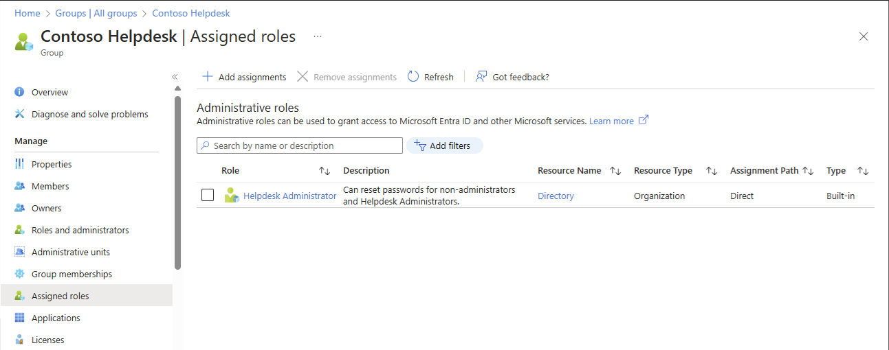 Screenshot of roles assigned to a group.