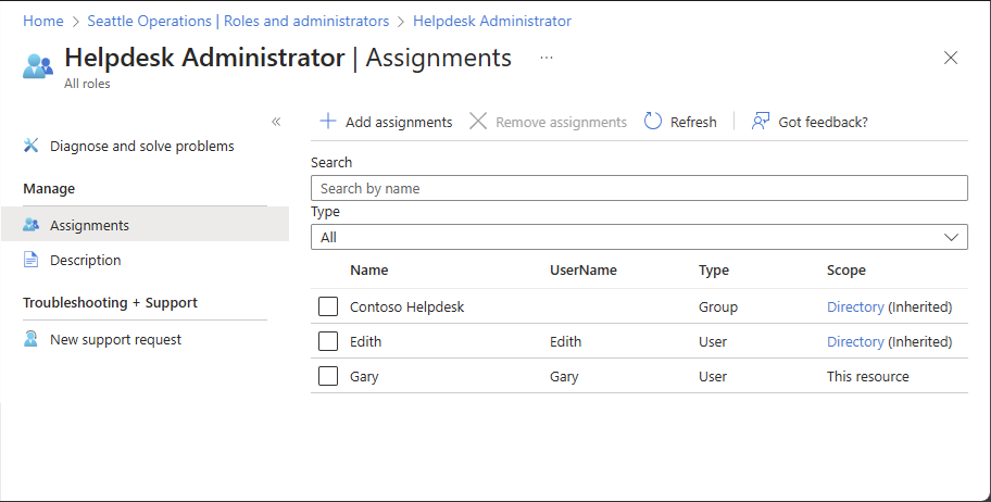 Screenshot that lists role assignments with administrative unit scope.