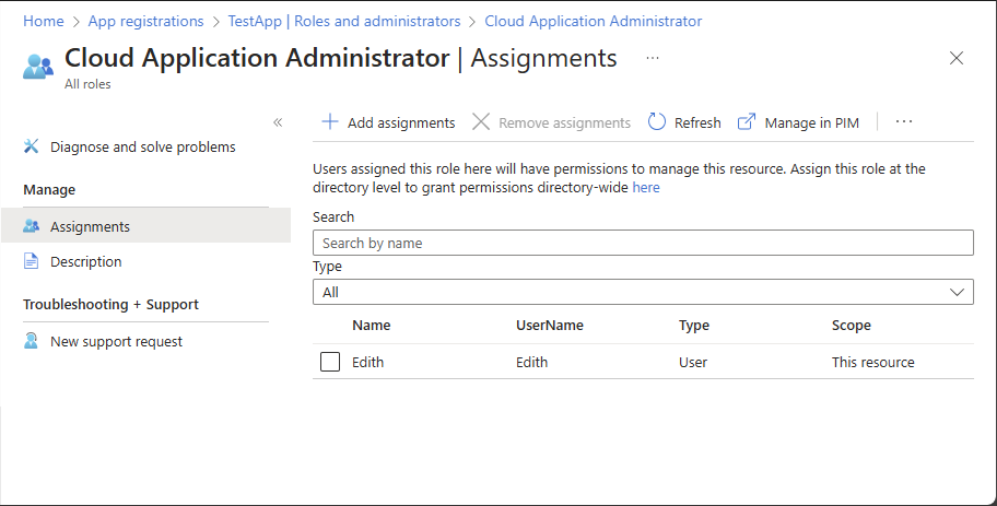 Screenshot that lists role assignments with application registration scope.