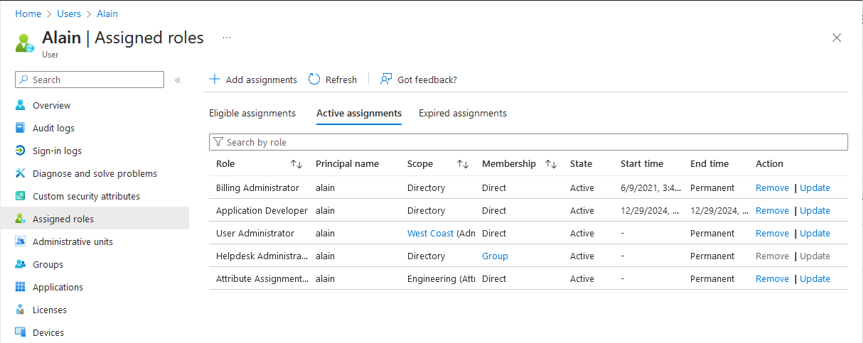 Screenshot of roles assigned to a user in PIM.