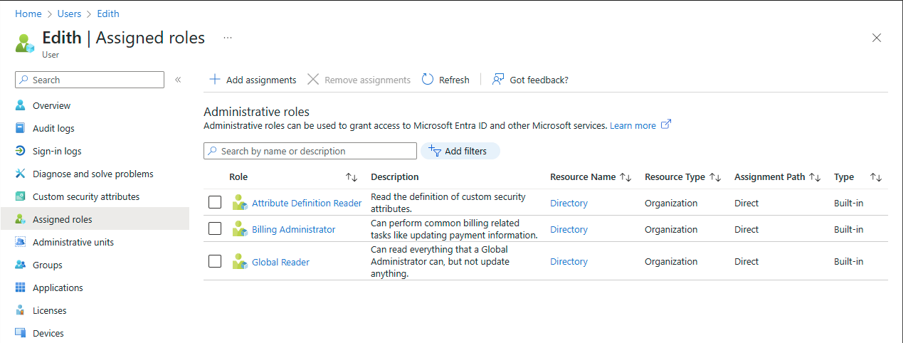 Screenshot of roles assigned to a user.