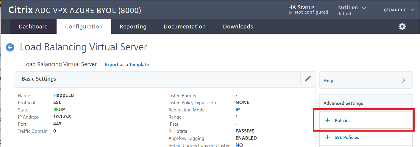 Balancing Screenshot of Citrix ADC SAML Connector for Microsoft Entra configuration - Load Balancing Virtual Server pane.