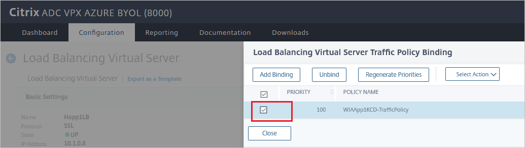 Pane Screenshot of Citrix ADC SAML Connector for Microsoft Entra configuration - Load Balancing Virtual Server Traffic Policy Binding pane.
