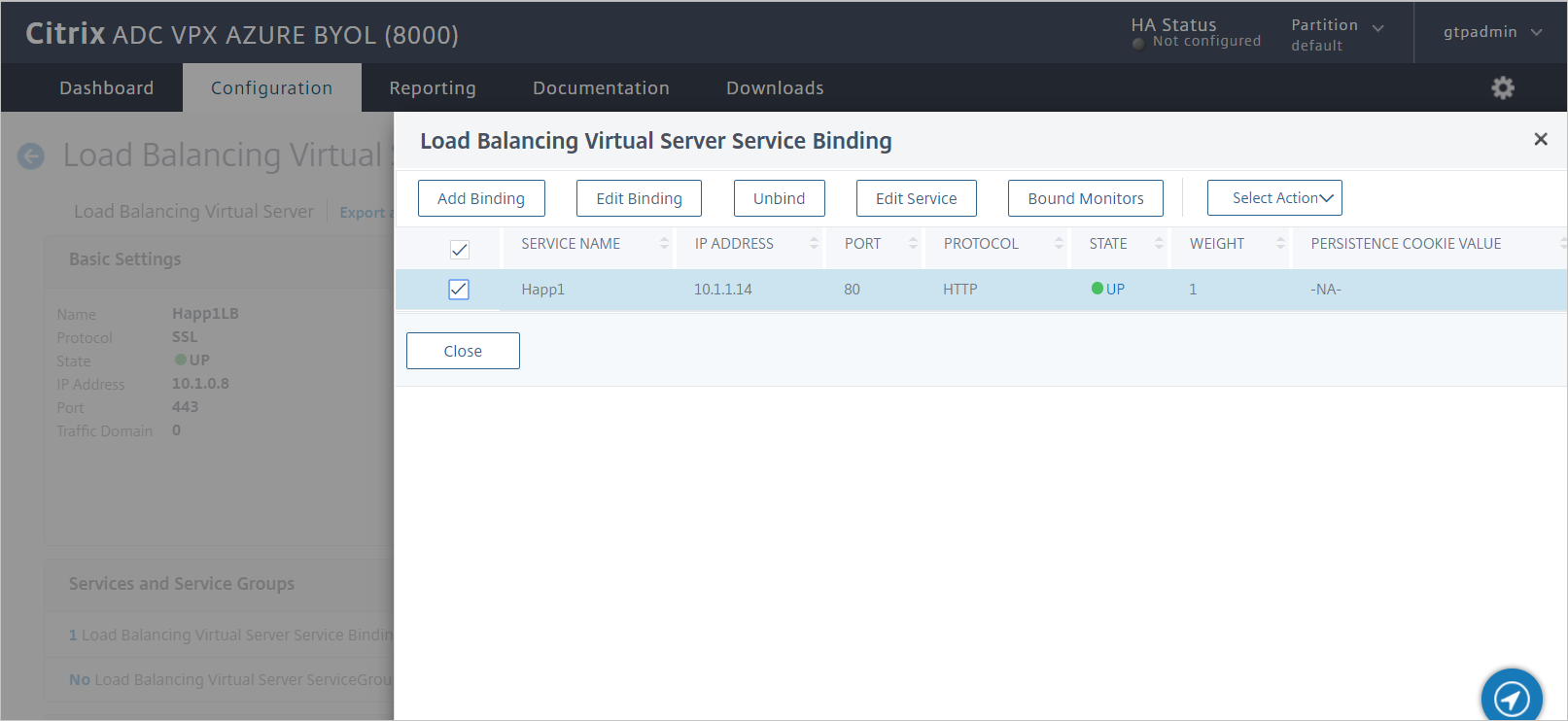 Verify Binding Screenshot of Citrix ADC SAML Connector for Microsoft Entra configuration - Verify the virtual server services binding.
