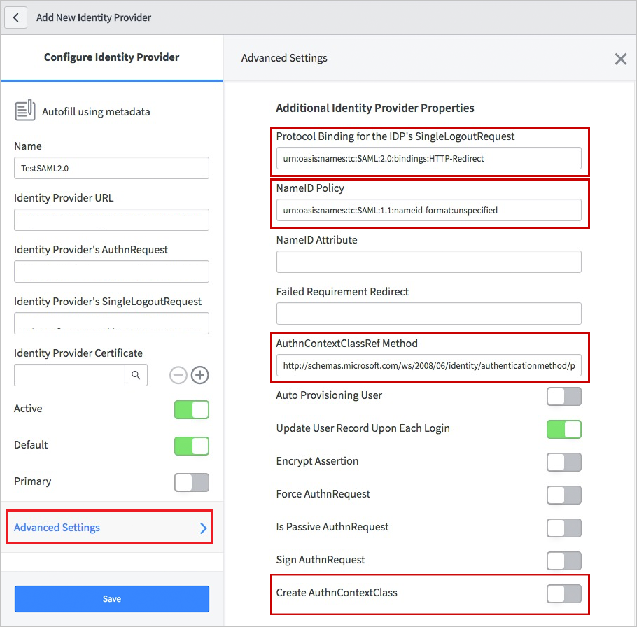 Configure single sign-on Screenshot of Add New Identity Provider dialog box, with Advanced Settings highlighted