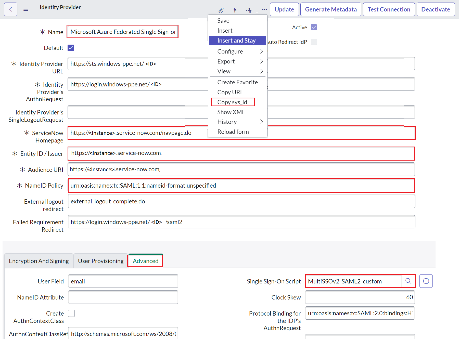 Configure single sign-on Screenshot of Identity Provider section
