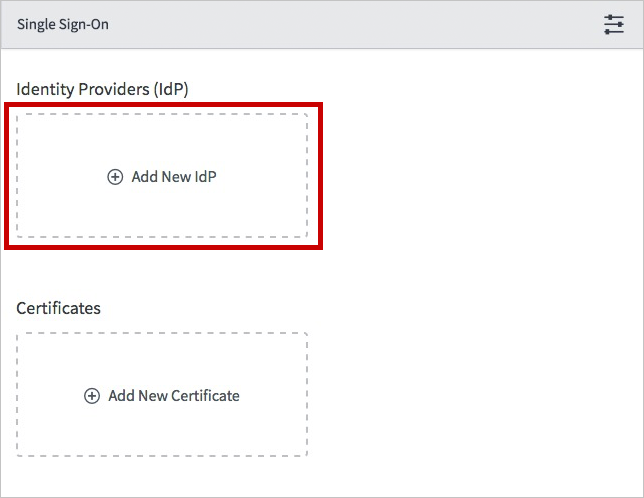Configure single sign-on Screenshot of Single Sign-On dialog box, with Add New IdP highlighted