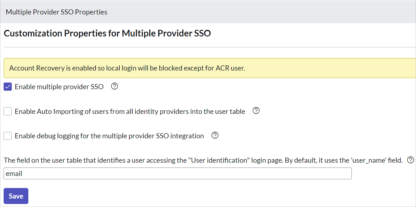 Configure app URL Screenshot of Multiple Provider SSO Properties dialog box