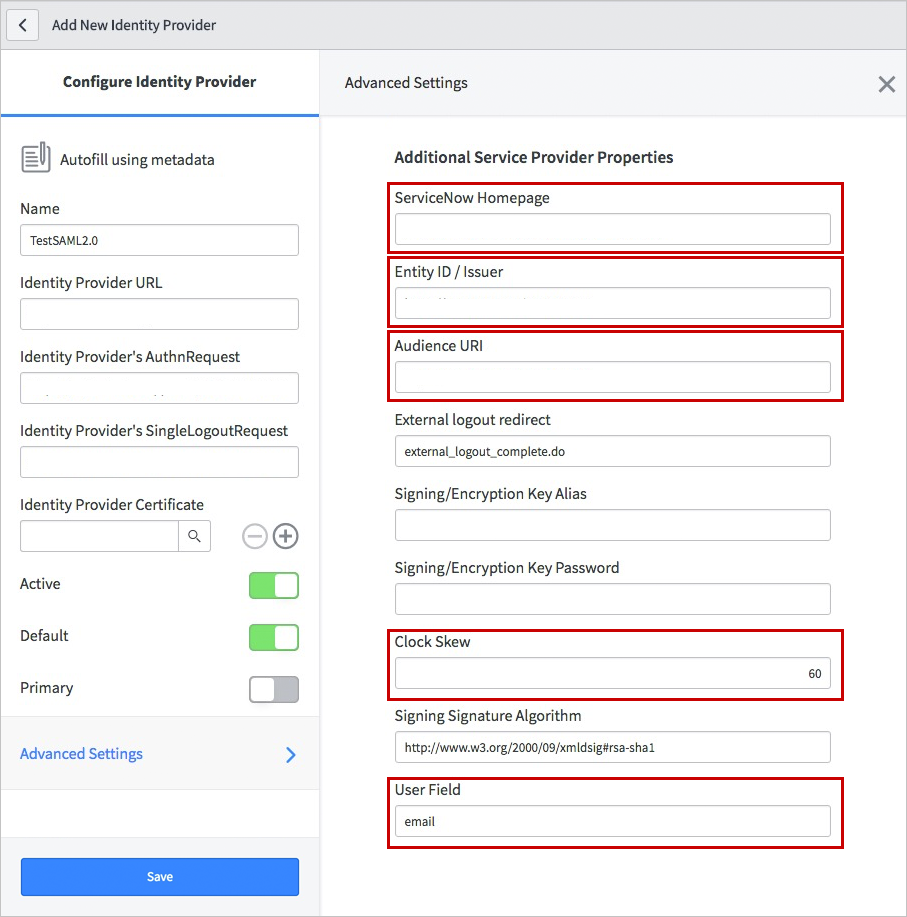 Configure single sign-on Screenshot of Add New Identity Provider dialog box, with various properties highlighted