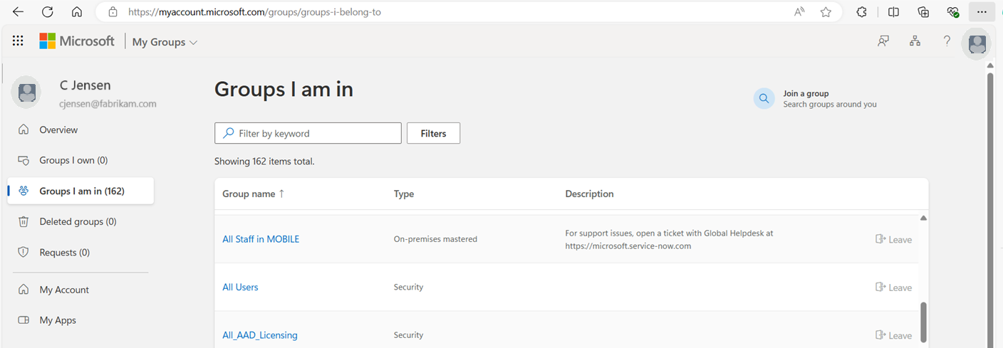 Screenshot that shows the My Groups portal.