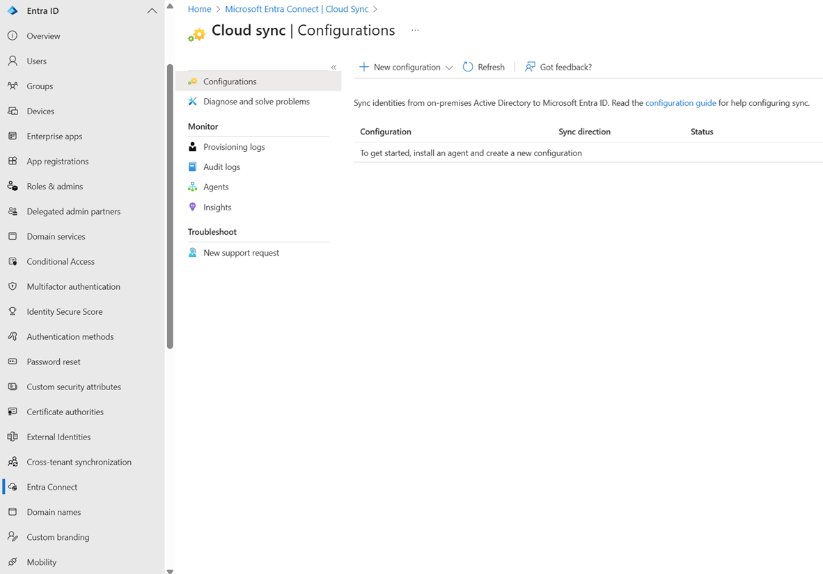 Screenshot that shows the Microsoft Entra Connect Cloud Sync home page.