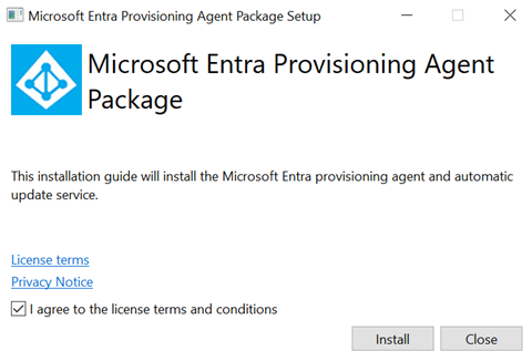Screenshot that shows the Microsoft Entra Provisioning Agent Package licensing terms.