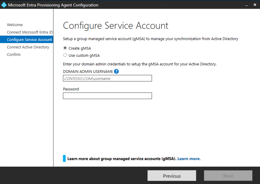 Screenshot that shows how to configure the group Managed Service Account.