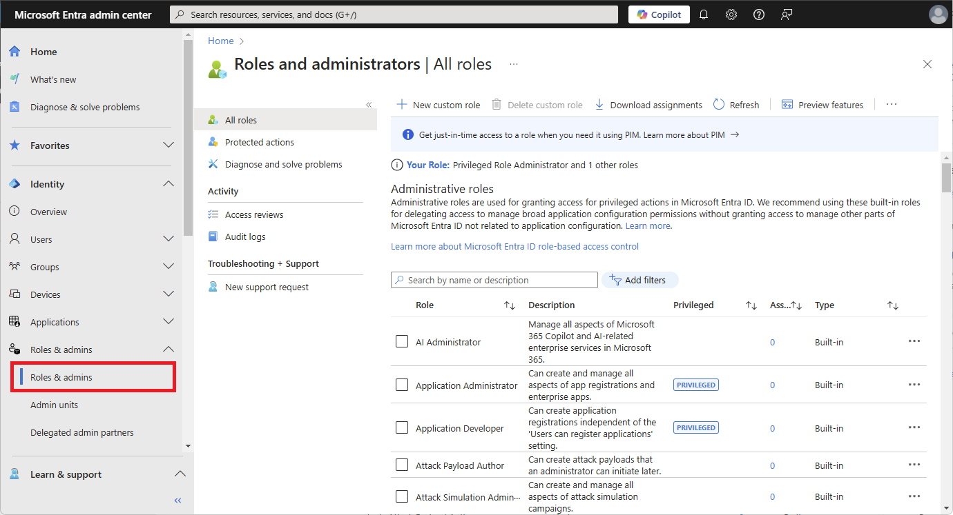 Screenshot of Roles and administrators page in Microsoft Entra admin center.