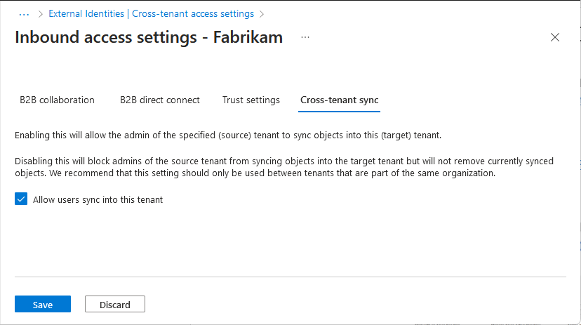 Screenshot that shows the  Cross-tenant sync tab with the Allow users sync into this tenant check box.