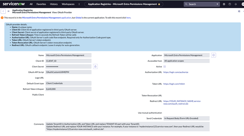Screenshot of ServiceNow Microsoft Entra Permissions Management installation.