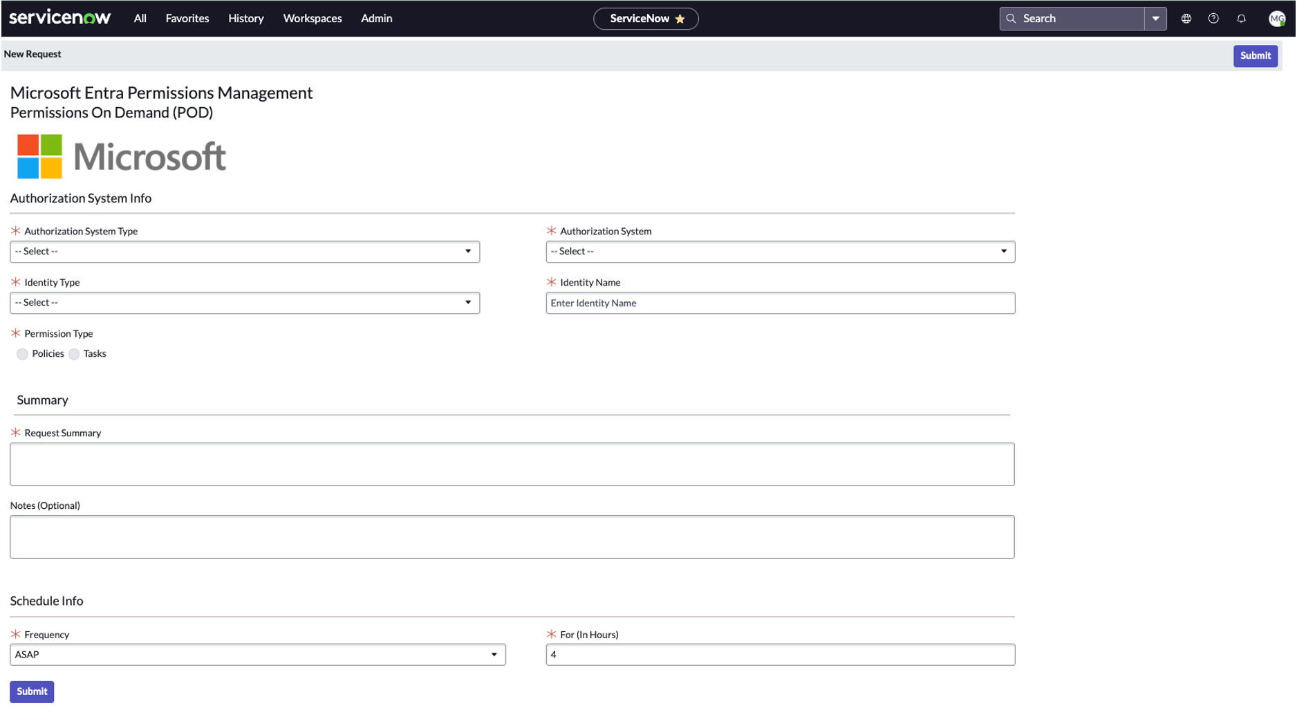 Screenshot of ServiceNow Microsoft Entra Permissions Management dashboard.