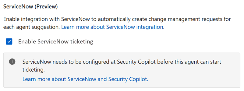 Screenshot of the ServiceNow integration settings.